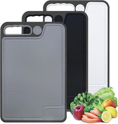 Cutting Board Set, Plastic Cutting Boards with Juice Grooves and Non-Slip Feet, Easy-Grip Handles, BPA-Free, Non-Porous, Kitchen Cutting Boards for Meat, Vegetables, Fruit, Seafood (3-Pack)