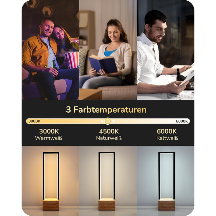 LED настільна лампа EDISHINE з дерева, торкання, регулювання яскравості та функцією пам'яті, 3 колірні температури, 350 люмен, сучасна лампа для вітальні, офісу, подарунок, чорний сучасний стиль