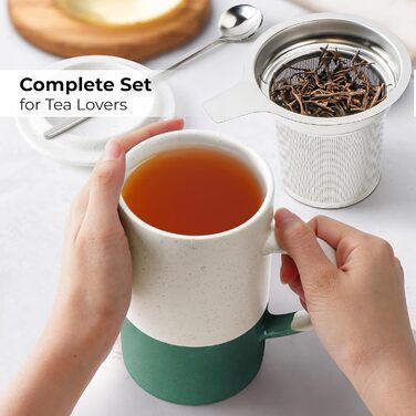 Набір чашок для чаю Miamio 2 шт по 500 мл з кришкою та ситом, керамічні чайники з чайним ситом та ложкою для заварювання листового чаю, подарунок для жінок, безпечні для мікрохвильової печі та посудомийної машини (Темно-зелений)