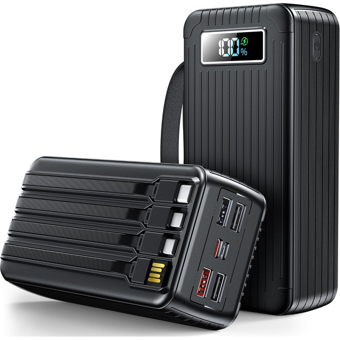 Power Bank 60000mAh з кабелем, 40W, PD, USB-C, LED-дисплей, 7 виходів та 2 входи, сумісний з iPhone, iPad, планшетами, чорний