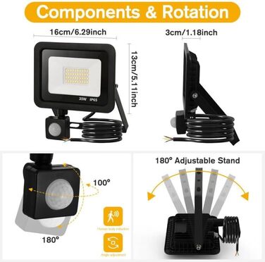 LED Floodlight 50W, Outdoor 5000LM, Spotlight 72 LED IP65 Waterproof, Outdoor Floodlight 6500K Cold White, 230V for Garage, Garden 【2 Pack Black】 (35wg 6500k Cold White, Motion Sensor)