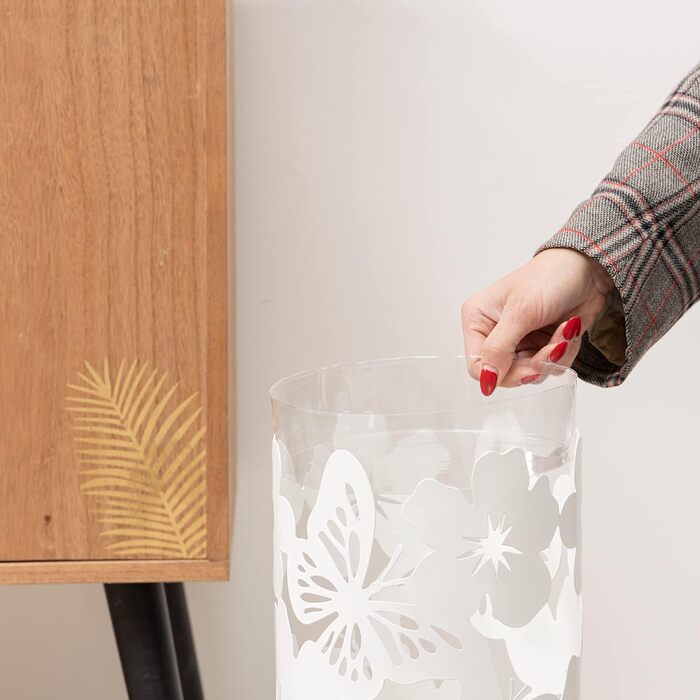 Підставка для парасольки Baroni Home - сучасний дизайн, металева, з квітами, 2 гачки, знімний контейнер, білий (19 x 19 x 49 см)