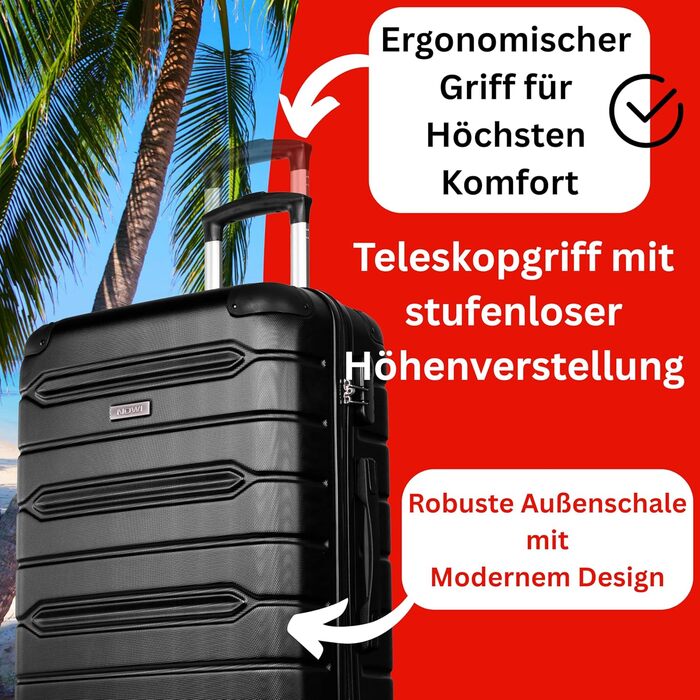 Чемодан NOWI Rhodos – 3-секційний, жорсткий, з ABS, кодовий замок, 4 колеса, розширюваний, 360° обертання, легкий та міцний. Розміри M, L, XL (Чорний)