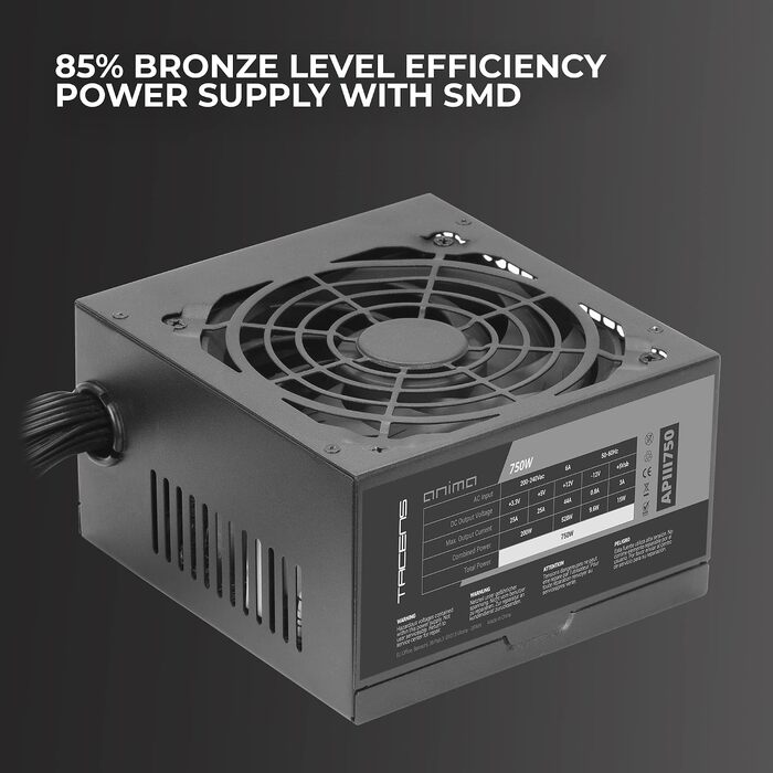 Блок живлення для ПК Tacens Anima APIII750 ATX 750W, SMD та DC-DC технології, ККД 85%, ультратихий 12см вентилятор, плоскі кабелі, чорний