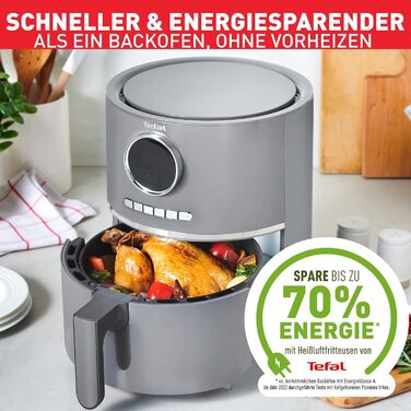 Tefal EY111B Ultra Fry Hot Air Fryer, Air Fryer, Frying, Roasting, Grilling, Baking, 1.2 kg for 6 people, 8 cooking programs, Digital display, energy-saving, healthy fryer without oil, Grey