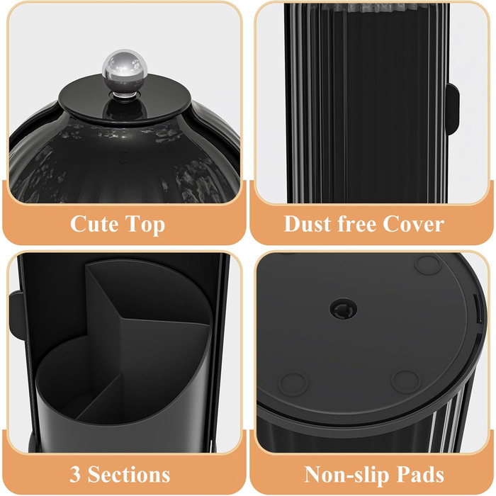 Dustproof Toothbrush Holder with Cover, Rotating Holder for Electric Toothbrush and Toothpaste for Bathroom Countertop, 3 Compartments, Makeup Brush Organizer, Completely Black