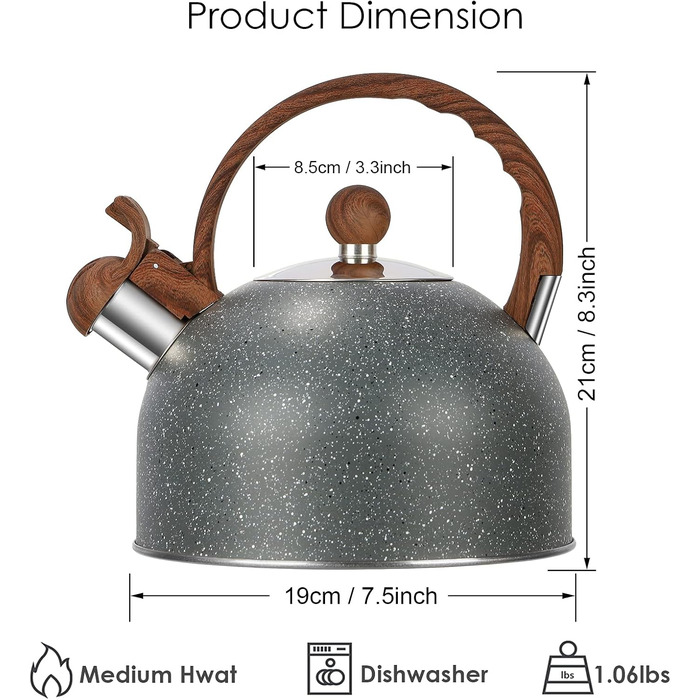 Чайник заварний 2.5L з нержавіючої сталі для всіх плит (індукція), сучасний з дерев'яною ручкою сірого кольору