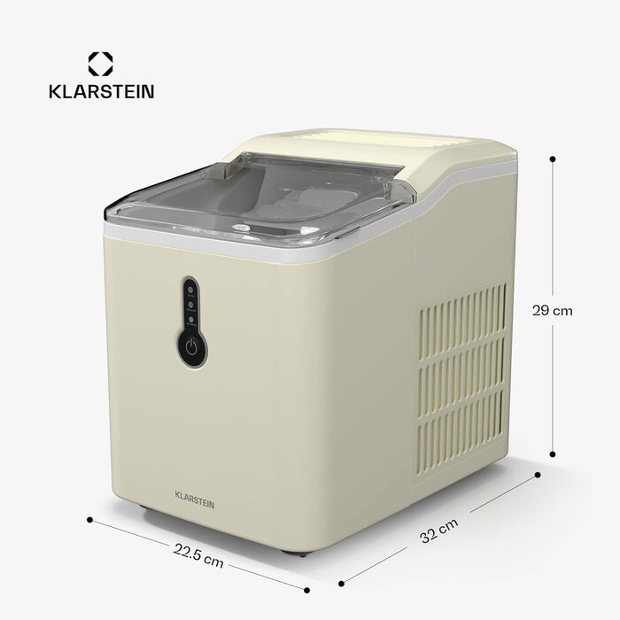 Машина для приготування льоду Klarstein Eiswürfelmaschine - 12 кг/24 год, 8 хв цикл, резервуар 1,5 л, LED-дисплеї, портативна Chill Out, прозорий кришка, лопатка в комплекті, для вечірок, кремовий колір