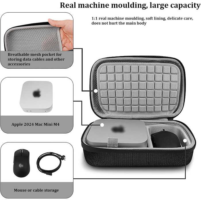 Жорсткий захисний кейс Baomaeyea для Apple Mac Mini M4/M4 Pro, органайзер для аксесуарів, миші та кабелів, чорний, для подорожей, офісу чи дому