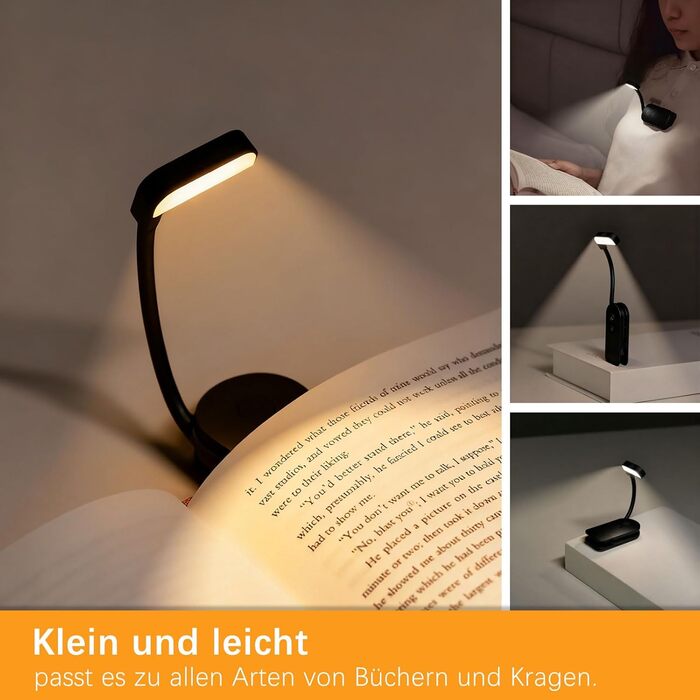 LED-лампа для читання з USB-зарядкою, 9 світлодіодів, 3 режими температури кольору, регульована яскравість, гнучка 360° поворотна кріплення для читання в ліжку, чорний