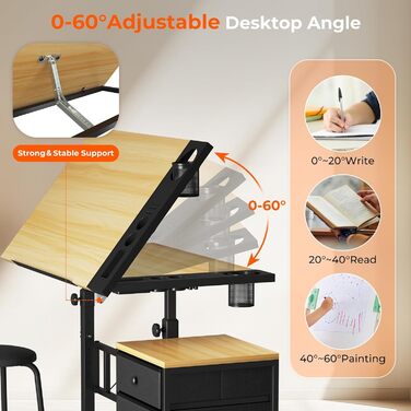 Adjustable Drafting Table with Tilt - 0-60° - Includes Stool & Storage - Wood Finish for Home & Office