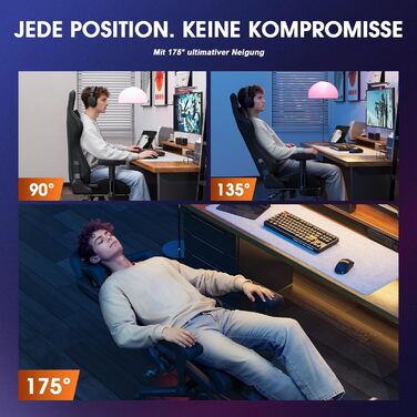 Ігровий крісло Douxlife з масажем та підігрівом, ергономічний офісний крісло з підніжкою, регулювання 90°-175°, підлокітники 2D, для геймерів, чорний, до 181 кг