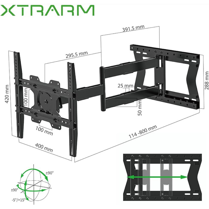 Кріплення для телевізора XTRARM TiTon Flex, 80 см, чорний, поворотний, нахильний, до 60 кг, VESA 400x400 мм