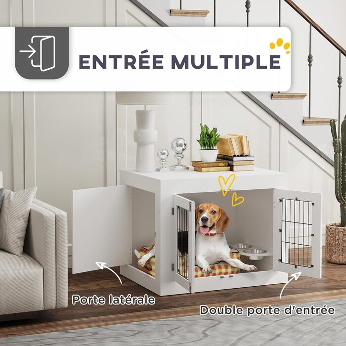 PawHut Будка для собак, дерев'яна, з 2 обертовими мисками, 2 двері, столиком, для собак середніх порід до 20 кг, 80 x 60 x 63 см, біла