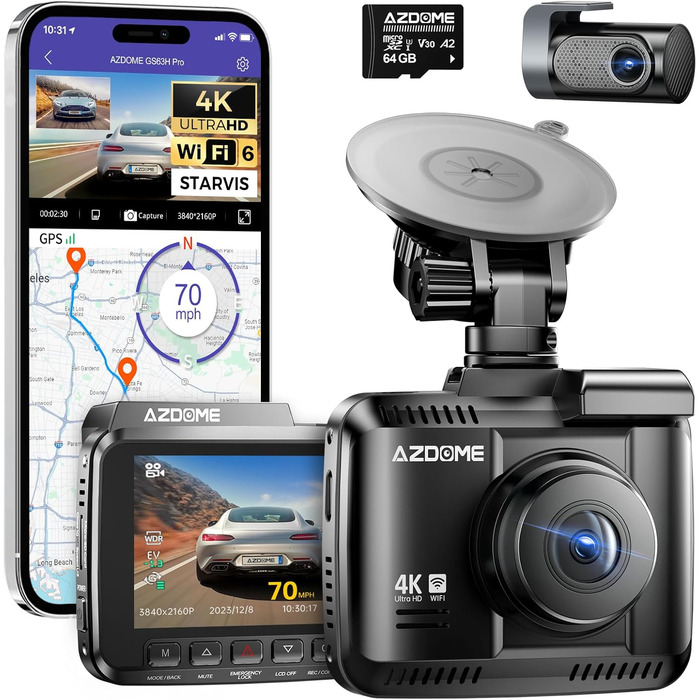 Відеореєстратор AZDOME GS63H Pro 4K з WiFi, GPS, Нічне бачення, 170° та Park Monitoring