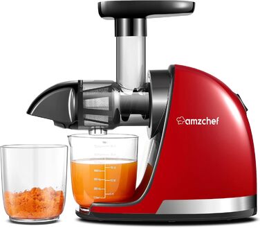 AMZCHEF Juicer for Vegetables and Fruits - Test Winner - Slow Juicer with Reverse-Mastication Function - Gentle Crushing Without Filtering - Electric Juice Press with Brush and 2 Cups - Cherry Red
