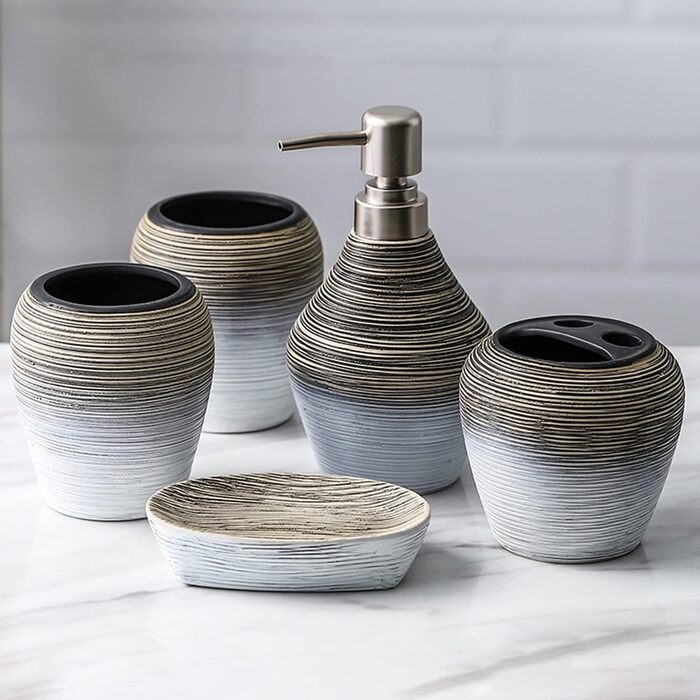 Набір аксесуарів для ванної кімнати в європейському стилі (5 шт.) з кераміки: дозатор для мила, тримач для зубних щіток, стакан, мильниця, сірники. Серія 'Retro', сірий, матовий.