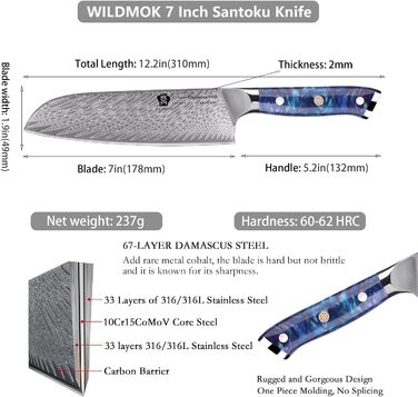 Японський кухонний ніж Santoku WILDMOK 17 см, сталь VG10 Дамаск, синій ергономічний руків'я для кухні