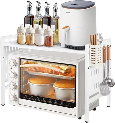 Поличка для мікрохвильової печі 3-ярусна з гачками, розширювана, висувна, 40-64 см, з вуглецевої сталі (біла з перфорованим листком, 42-68*36*46 см)