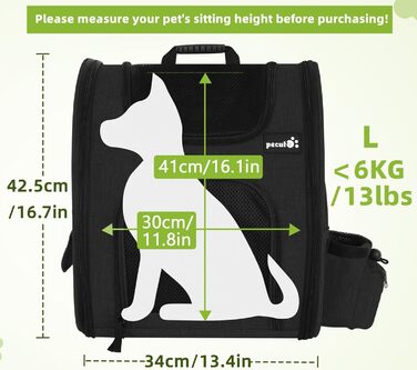 Pecute Pet Carrier Backpack with Mesh Window - Portable & Foldable Cat & Dog Carrier Bag - Breathable, Lightweight, Waterproof Oxford Cloth - Large Capacity, Non-Slip, Black, Classic Mesh (L)
