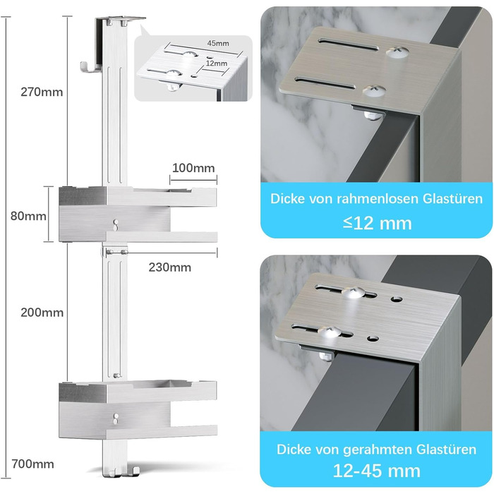 Hosanwell Shower Shelf for Hanging, No-Drill Shower Shelf Double-Layer Stainless Steel SUS304 Shampoo Holder for Shower with Glass Door, No-Drill with 4 Hooks, Silver