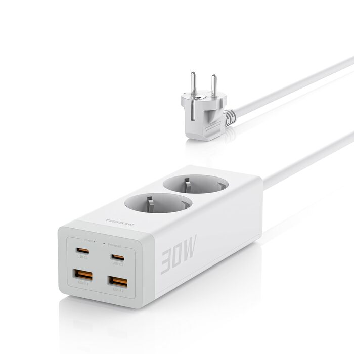 TESSAN Розподільник розеток USB-C 30W з GaN, 2 розетки, 2м кабель, захист від перенапруги 3600W, білий