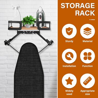 Настінна вішалка для праски та гладильної дошки з металевою конструкцією та кошиком для зберігання (чорна)