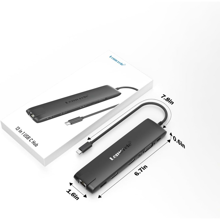 Док-станція Lemorele 13-в-1: USB-C/A, 10Gbps, 3 монітори, 2 HDMI 4K, Ethernet, 4 USB 3.2/2.0, VGA, Type-C 3.1, PD 100W, Audio, SD/TF, для Windows, MacBook
