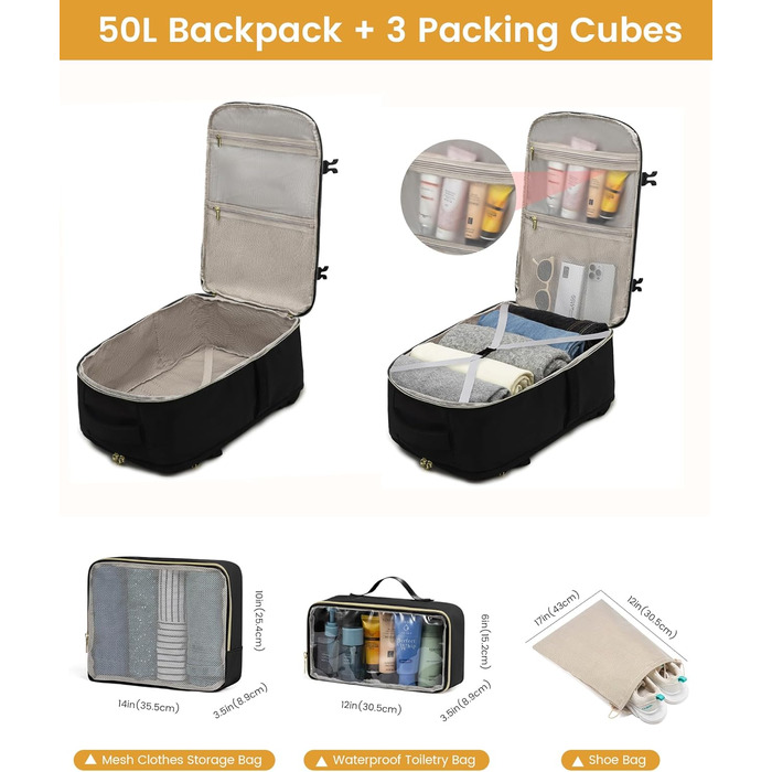 LOVEVOOK Рюкзак для ручної поклажі, 40L, водонепроникний, для ноутбука 17 дюймів, Easyjet, для подорожей, роботи, трекінгу, оливково-бежевий (18 дюймів, A-чорний)