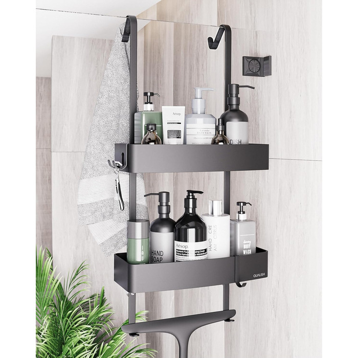 Настінна поличка для душу з захисним склом та гачками, чорна матова - без свердління