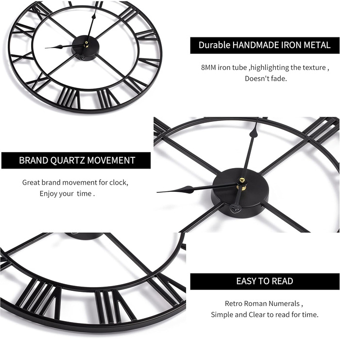 HAITANG Large Vintage Style Wall Clock, Black Round, Metal Silent Non-Ticking, Battery Powered, 40cm, 16 Inch Roman Numerals, Clocks for Living Room, Bedroom, Kitchen Wall Clock Decoration