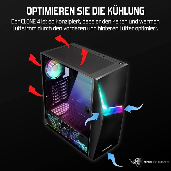 Корпус для ПК Spirit of Gamer Clone 4 RGB з прозорою стінкою з загартованого скла. Підтримує ATX/mATX/ITX. В комплекті 2 вентилятори 120 мм.