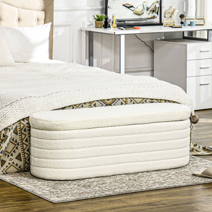 HOMCOM Bedroom Bed Bench with Storage and Wooden Legs, High Stability, Teddy Fleece, 120 kg Load Capacity, 116x41x40.5 cm, Cream White