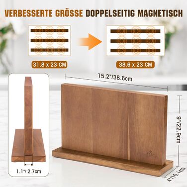 ENOKING Premium Plus Knife Block Magnetic Without Knives 38.6 x 23 cm, Double-Sided Magnetic Knife Holder Made of Acacia Wood, Magnetic Knife Block for Cutlery Display and Storage