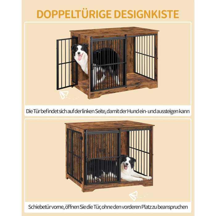 Клітка для собак Hzuaneri, 110 см, 2 двері, сучасний дизайн, для собак малих, середніх та великих порід (до 100 кг), з функцією приліжкового столика, посилена ковзна дверцята, 65 × 110 × 81 см, колір Vintage Brown, DFC84401B