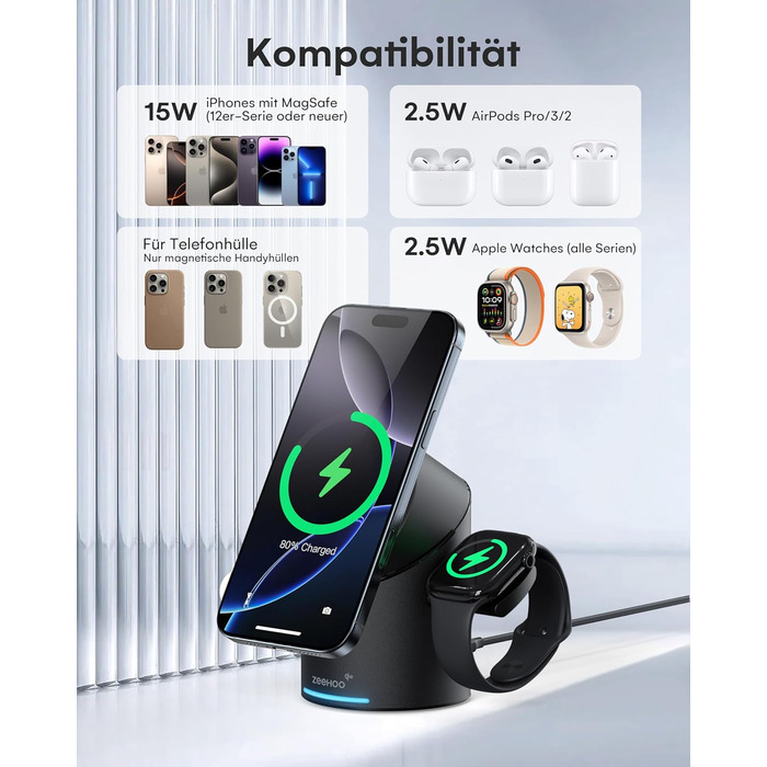 Зарядний пристрій 3-в-1 ZEEHOO MagSafe для Apple: QI2 бездротова зарядка 15W для Apple Watch, iPhone, AirPods (з адаптером 30W) - Чорний