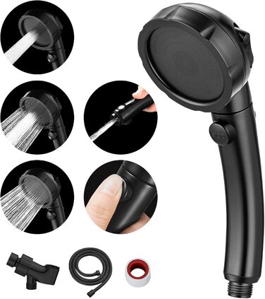 MIAOHUI Modern Handheld Showerhead with On/Off Switch, High-Pressure Showerhead with Handheld, 3 Spray Settings, Detachable Showerhead with Hose, Adjustable Angle Shower Holder (Brushed Nickel) (Black)