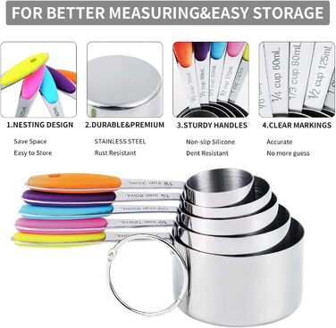 TILUCK Measuring Cups and Magnetic Measuring Spoons, Stainless Steel Measuring Cups, 6 Double-Sided Stainless Steel Measuring Spoons and 1 Leveler (5+7)