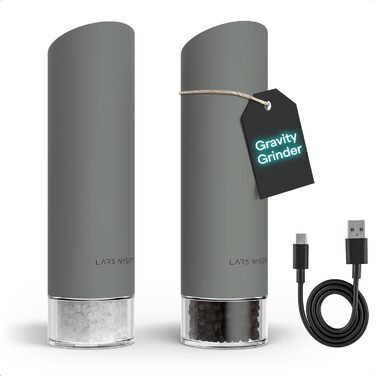 Електричні млини для солі та перцю LARS NYSØM Gravity Grinder - Набір з двох млинів, USB-C, регулювання помелу, для кухні (сірий)
