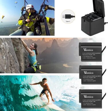 Зарядний комплект Vemico Hero 7/6/5: 3 акумулятори 1500mAh, зарядний пристрій з LED, Type-C, сумісний з Hero 7/6/5/2018, AHDBT-501