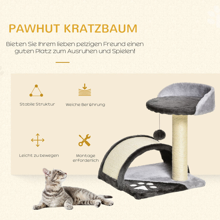 PawHut Дряпка для котів, плюшевий дизайн з іграшковими м'ячиками, маленька, 35,5x37x46 см, сітелова мотузка для дряпання, сірий, вигідна ціна