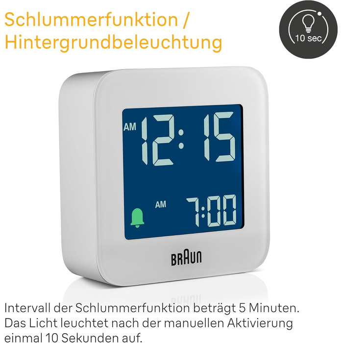 Braun Digital Travel Alarm Clock with Snooze Function, Compact Size, Negative LCD Display, Quick Set Function, Crescendo Alarm in White, Model BC08W.