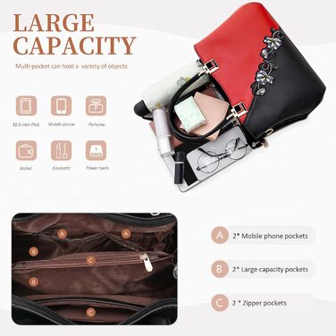 Сумка жіноча DIRRONA велика – сумка через плече та шопер з квітковою вишивкою та помпонами, червона. Для роботи, відпочинку, подорожей, офісу, вечірок та весіль