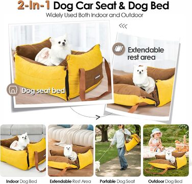 Small & Medium Dog Car Seat - Portable Pet Carrier with Extendable Bed, Washable Travel Dog Bed with Storage Pockets & Safety Belt - Green