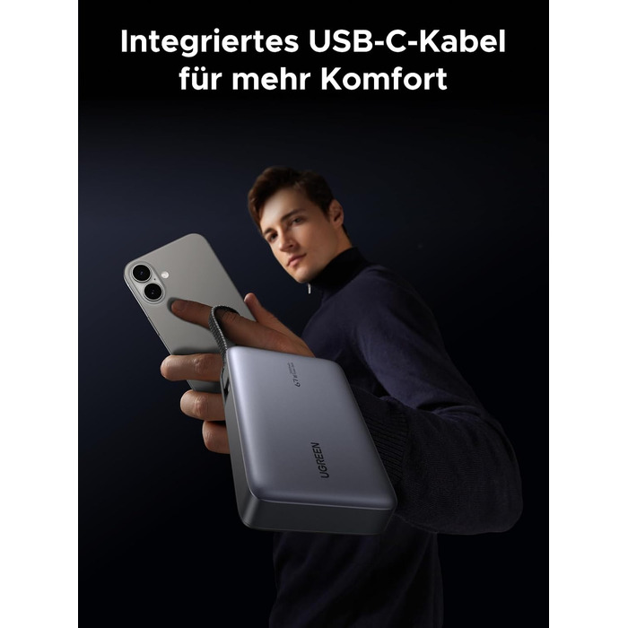 Повербанк UGREEN Nexode 20000mAh 67W з вбудованим кабелем USB-C, швидка зарядка HyperCharge та PD 65W для MacBook, iPad, iPhone, Xiaomi