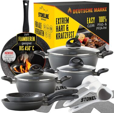 STONELINE Ceramic Cookware Set, 14-Piece, 18/20/24 cm Pots and Pans, PFAS-Free, Cookware Set with Lids, Ceramic Coating with Real Stone Particles, Grey, 14-Piece