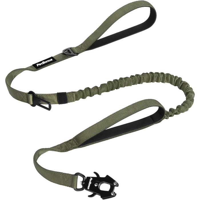 Тактична повідок для собак PetBonus Heavy Duty, 1,5м, еластична, з 2 зручними ручками, фіксатор для авто, No Pull для дресування великих та середніх собак (армійний зелений)