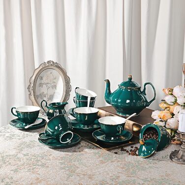Fanquare 21-Piece Vintage Porcelain Tea Set, Dark Green Coffee Set with Teapot, Milk Jug, Sugar Bowl, Saucers, and Spoons for 6 People