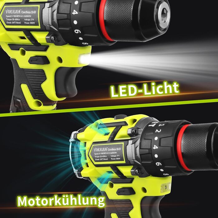 Акумуляторний шуруповерт 21V з набором 46 предметів: безщітковий дриль-шуруповерт, 2 акумулятори 2000 mAh, патрон 3/8', 20+3 ступені крутного моменту, до 65 Н.м, LED-ліхтар, 2 швидкості, аксесуари для електроінструментів