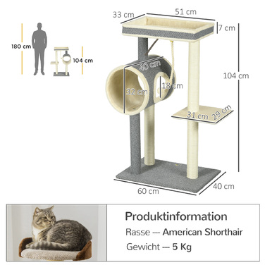 PawHut Драбина для котів 104 см, котячий комплекс з будиночком, котячий шкребок з іграшкою-м'ячиком, котячий комплекс з 2 лежаками, кігтеточка для котів вагою до 5 кг, котячі меблі, сизаль, сірий | Aosom